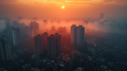 Fototapeta premium A dense, smoggy cityscape, obscuring the sun