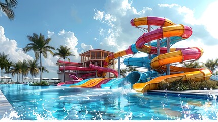 Colorful birthday party invitation set in an open area water park with slides and pools featuring a writing space on the right side for birthday wishes and event details