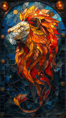 a stained glass art style, mosaic glass design of a lion, landscape of a red panda,fantasy artwork.generative ai