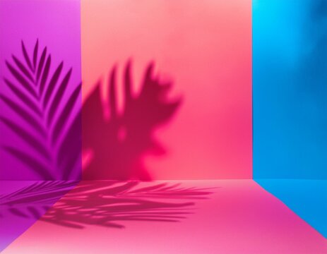Parede colorida vazia e piso de est&uacute;dio com sombras de folhagens refletidas, roxo, rosa e azul. Fundo minimalista para produtos ou texto.