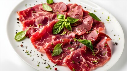 Delicate Beef Carpaccio:An Exquisite Italian Appetizer on a White Background