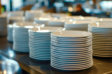 Closeup clean plates stack on a table ready for use