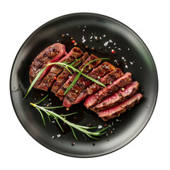 A gourmet sliced steak on a black plate, beautifully presented with rosemary and seasoning, top view. On transparent background.