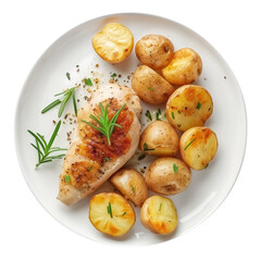 A plate of roast chicken breast with potatos, isolated white background, classic art style, flat photo of, top view.