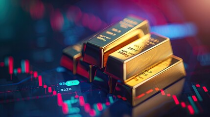 stack of shiny gold bars on down trend financial gold price graph ,concept of economy crash and financial crisis, 3d illustration. AI generated illustration