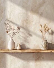 Wooden shelf with empty space in yellow and black interior in loft style, decorated with vases and dry flowers, mockup