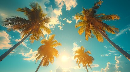 Four tall palm trees silhouette against a vibrant sunset sky with scattered clouds, producing a tropical ambiance; ideal for travel, vacation promotion, or relaxation-themed projects.