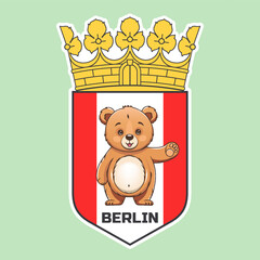 Vector cartoon cute standing little teddy bear waving its paw, hello. Fictional coat of arms of Berlin. Shield and crown. Sticker or badge.