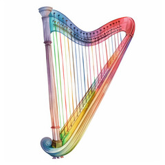 A colorful watercolor illustration of a harp, showcasing a spectrum of beautiful and bright colors, isolated on white background.