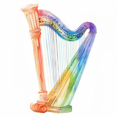 A colorful watercolor illustration of a harp, showcasing a spectrum of beautiful and bright colors, isolated on white background.