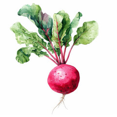 A watercolor illustration of a fresh radish, showing its bright red skin and green leafy tops, isolated on white background.