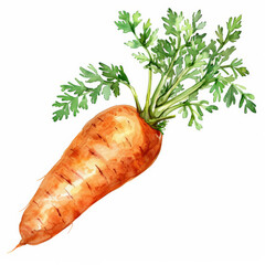 A watercolor illustration of a fresh carrot with green leafy tops, showing vibrant orange color and detailed textures, isolated on white background.