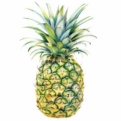 Fototapeta premium A watercolor painting of a fresh pineapple, with detailed textures of the spiky skin and green leaves, isolated on white background.