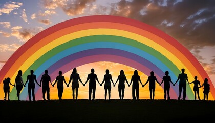 Fototapeta premium Vector illustration of silhouettes including families, couples, and children dancing on a rainbow against a summer sky