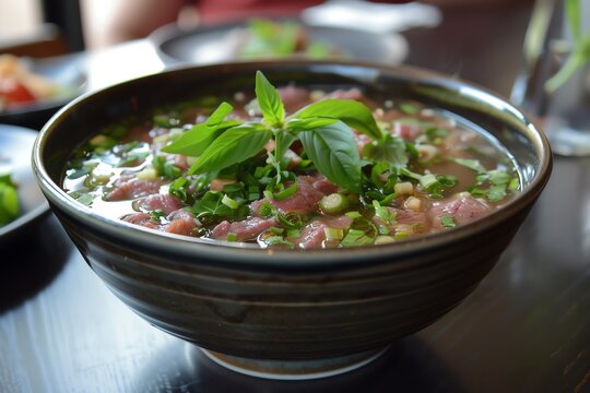 Bowl of Vietnamese Pho soup with beef, broth, and herbs.