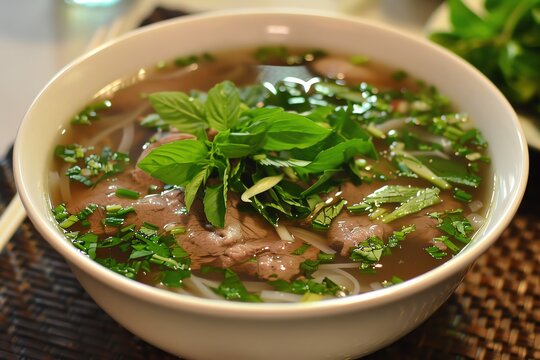 Bowl of Vietnamese Pho soup with beef, broth, noodles and fresh herbs.