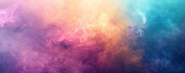 An ethereal, abstract misty fog in a spectrum of colors wafts through the scene, creating a mystical and dreamlike atmosphere on a bright background.
