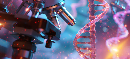 Close-up of a microscope and a DNA strand in vibrant, colorful hues, illustrating the intersection of biology and technology in scientific research.