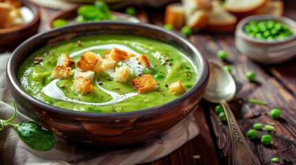 A rustic bowl filled with vibrant green pea puree soup, topped with a swirl of cream and sprinkled with croutons, on a wooden table.