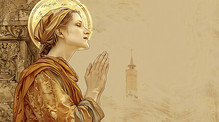 Barbara with radiant halo, praying in tower, biblical illustration, beige background, copyspace. Suitable for religious events, Christian holidays, and spiritual content.