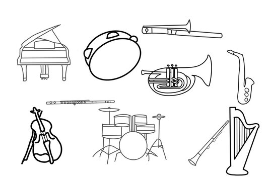 Music Instrument Saxophone Piano Def Drum Keman Baritone Trumbone Harp Flute Clarinet doodle organic line hand drawn

