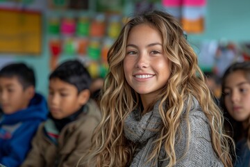 Smiling Young Woman Volunteer With Children in Classroom