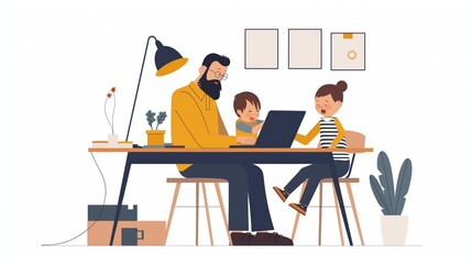 Illustration of a bearded man in glasses working on a laptop at a desk with two children. The scene includes indoor plants and minimalistic wall art.