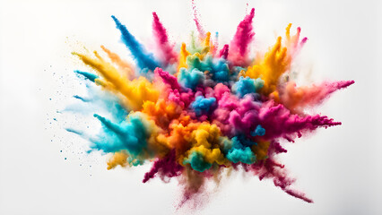 Colorful dust splashing scattered on white background. Colored powder explosion. Hindu tradition festive, Holi festival in India or Nepal