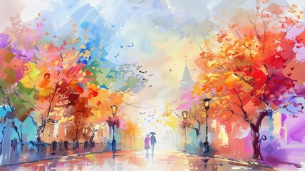 Halloween street with trickortreaters, impressionist painting, warm hues, lively brush strokes, festive ambiance
