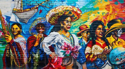 Obraz premium A vibrant mural depicting Hispanic culture and history, photographed in high definition for Hispanic Heritage Month.