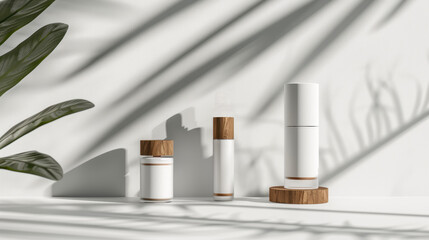 Three bottles of perfume are displayed on a wooden stand in front of a white wall. The bottles are all white and have a simple design. The scene is set in a room with a window