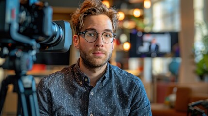 Fototapeta premium A corporate videographer films a promotional video for a tech startup The video includes interviews with the founders product demonstrations and footage of the team working in the office The