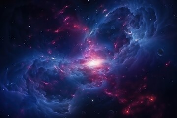 Fototapeta premium Vibrant cosmic nebula with vivid colors, glowing star, and swirling interstellar clouds in deep space, depicting the majesty of the universe.
