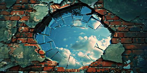Fractured Power: A shattered mirror rests on a brick wall, reflecting the empty sky