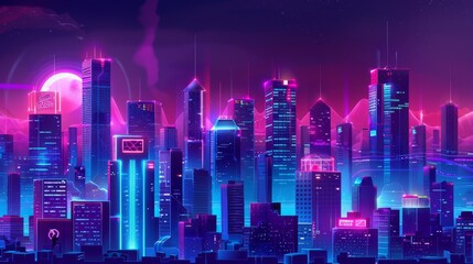 Fototapeta premium Futuristic cityscape with neon lights and tall buildings