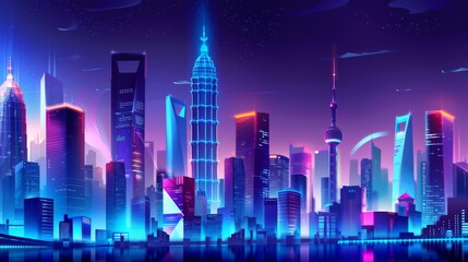Futuristic cityscape with neon lights and tall buildings