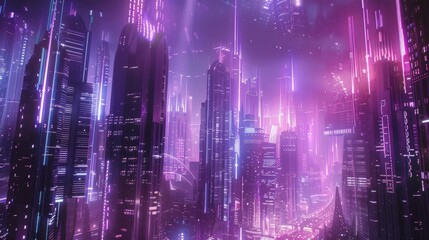 Fototapeta premium Futuristic cityscape with neon lights and tall buildings