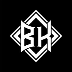 BK Letter logo abstract shield shape with square white outline on black background template