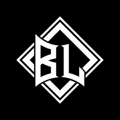 BL Letter logo abstract shield shape with square white outline on black background template