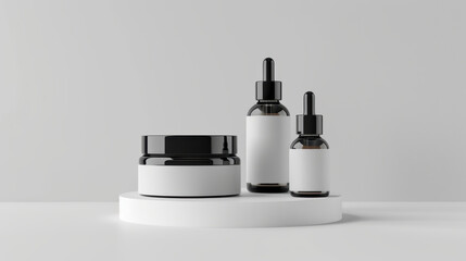 Three bottles of perfume are displayed on a white pedestal. The bottles are all different sizes and shapes, and they are all brown. The scene is set against a white background, which creates a clean