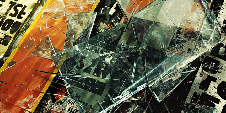 Shattered Trust: A shattered glass pane lies atop a stack of protest signs