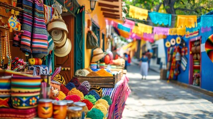 A vibrant street market with colorful Hispanic crafts and foods, captured in high definition for Hispanic Heritage Month.