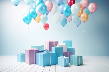 Colorful Balloons and Gift Boxes on a White Wooden Floor.