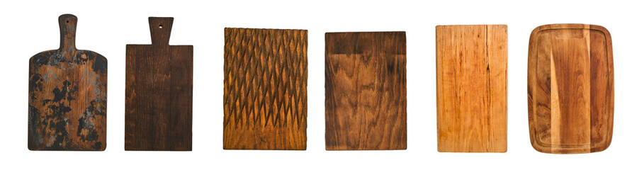 Wooden cutting board. Set of wooden cutting boards, round and rectangular shapes handmade wood cutting boards isolated on white background with clipping part. Elements for design.