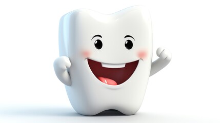 Obraz premium Cheerful cartoon tooth character with a big smile and rosy cheeks. Perfect for dental and oral health concepts, kid-friendly designs, and more.