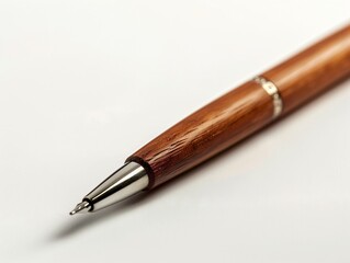 Fototapeta premium a close-up of a ballpoint pen with a polished wooden barrel and silver accents