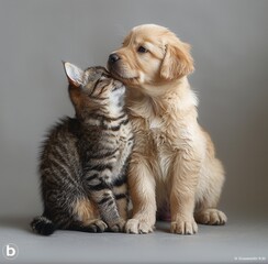 Fototapeta premium Labrador puppy and tabby cat, sitting together