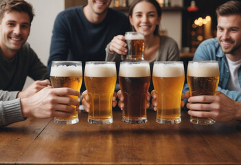  Group of friends toasting with frosty beers at a pub. 