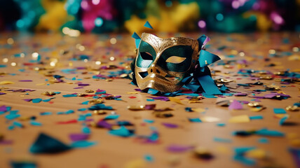 mask and confetti on the floor , Generative AI.