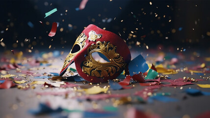 mask and confetti on the floor , Generative AI.
